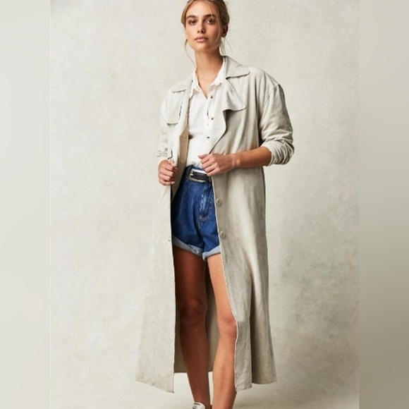 FREE PEOPLE X BLANK NYC Vegan Suede Wrap Trench Coat Iced Chai Women XL NWT - Picture 1 of 16